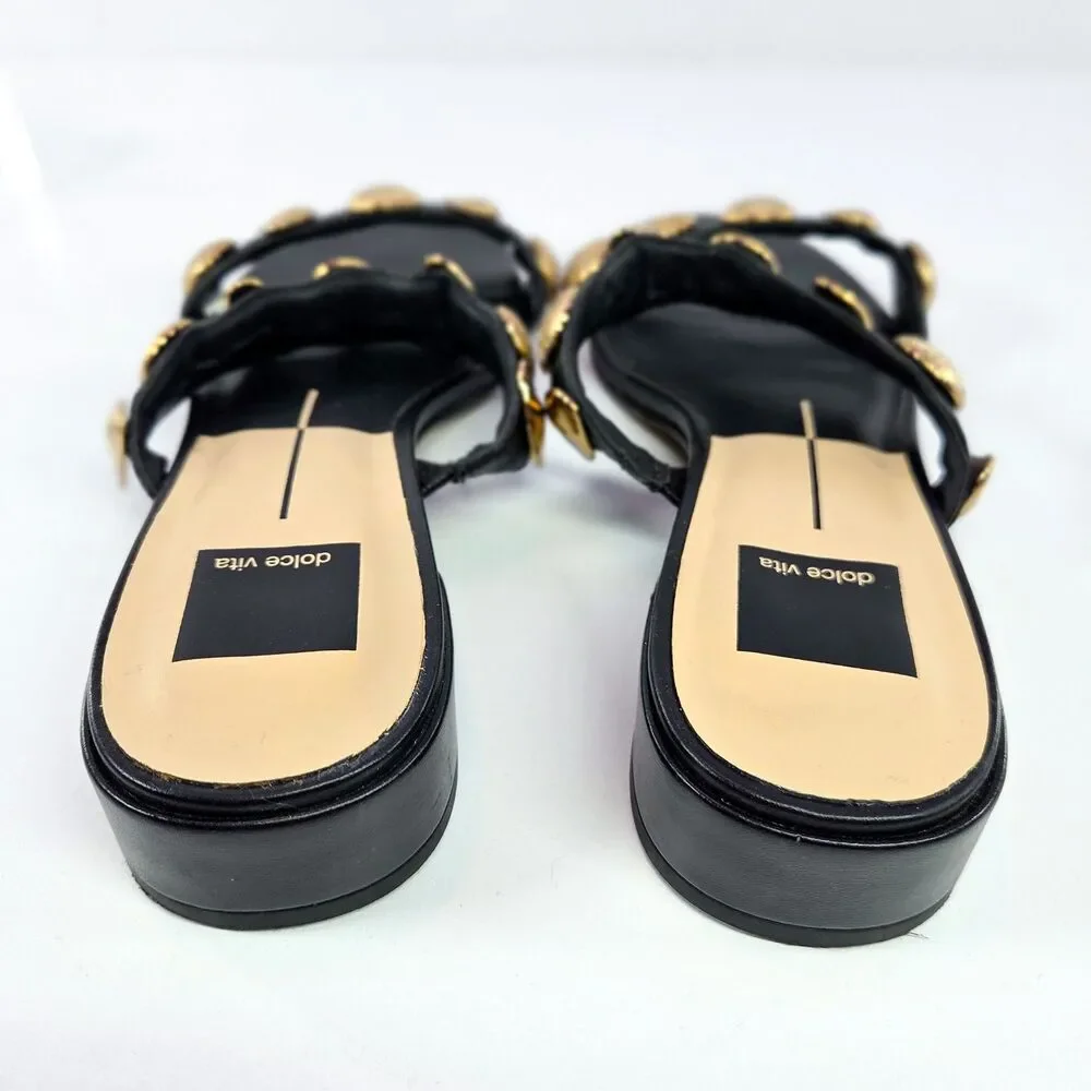Dolce Vita Farrow Studded Slide Sandals Black Gold Women’s Size 7